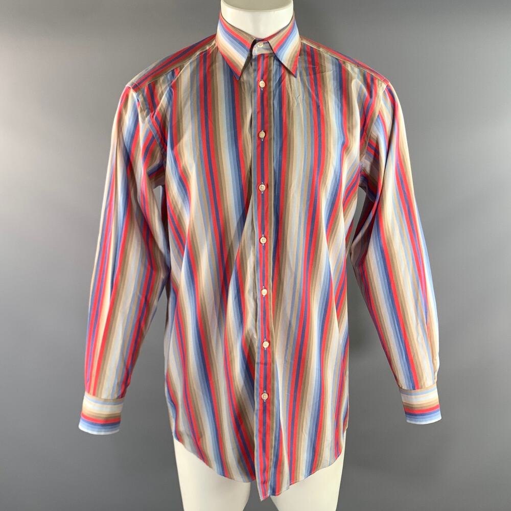 ETRO Size M Tan Red & Blue Stripe Button Up Long Sleeve Shirt